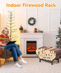 Indoor Outdoor Firewood Rack With Large Capacity Rustproof Steel Log Holder for Fireplace and Outdoor Use filled with logs in living room