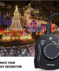 Heavy Duty Outdoor Christmas Light Timer Featuring Dusk to Dawn Sensor Technology and All Weather Waterproof Construction Hella Snug Fit 2 Grounded Outlets Rated at 15 Amps plus Half HP Draw Adjustable Countdown Modes 2 Pack Set for Holiday Decor with illuminated lights in background.