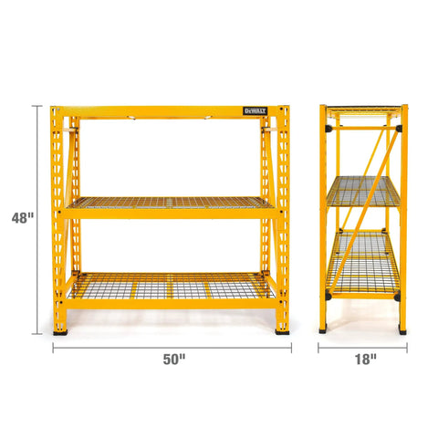 Rock Solid Steel Wire Shelving Rack With Locking Shelf Pins, Hella Expandable Industrial Storage System For Garage Workspace Featuring No Sweat Assembly And Serious Organization Game, 48 inch tall, 50 inch wide, yellow.