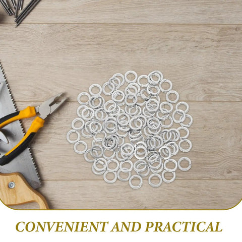 100 Pcs M8 Stainless Steel Split Ring Lock Washers Kit For Bolts And Machinery Fastening Applications Heavy Duty Spring Metal Washers For Auto DIY Projects Tools And Equipment laid out with pliers