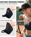 Moisture Wicking Sun Visor Hat With Adjustable Strap For Running shown absorbing water, worn by a woman playing tennis.
