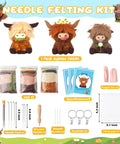 Awesome Three Pack Needle Felting Kit For Beginners With Wool Felt Tools Foam Pad Wooden Handle And Included Needles Finger Cots Instructions And Highland Cow Keychains For DIY Home Decor And Party Crafts displayed with contents.