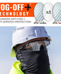 Impact Resistant Oversized Blade Safety Glasses Featuring Hella Reliable Anti Fog Lens Coating And Scratch Proof Build For Superior Job Site Eye Protection Plus ANSI Z87 Verification Rating worn by worker in safety helmet and mask.