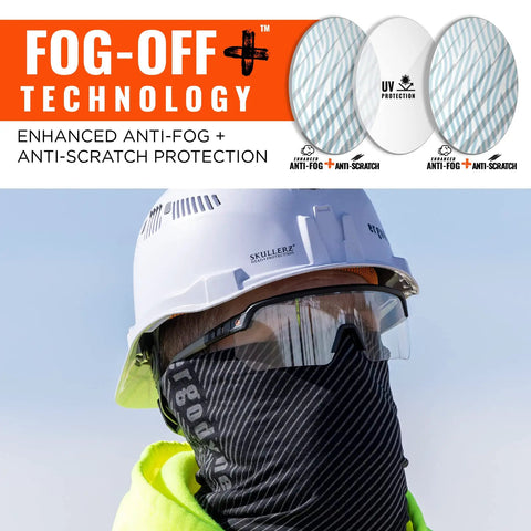 Impact Resistant Oversized Blade Safety Glasses Featuring Hella Reliable Anti Fog Lens Coating And Scratch Proof Build For Superior Job Site Eye Protection Plus ANSI Z87 Verification Rating worn by worker in safety helmet and mask.
