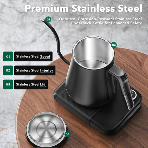 Top view of Gooseneck Electric Kettle With Plus Or Minus One Degree Fahrenheit Precision Temperature Control For Pour Over Coffee And Tea