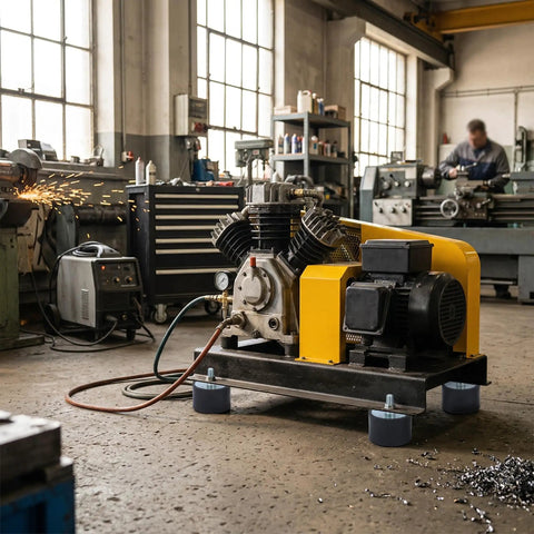 Heavy Duty M8 Rubber Mounts And Shock Absorbers For Engines under a yellow air compressor in a workshop setting.