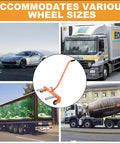 Heavy Duty Truck Wheel Dolly Featuring Rock Solid Greaseless Bearings And Fully Adjustable Height Platform To Roll Massive Tires Smoothly Without The Hustle on display with various trucks and cars.