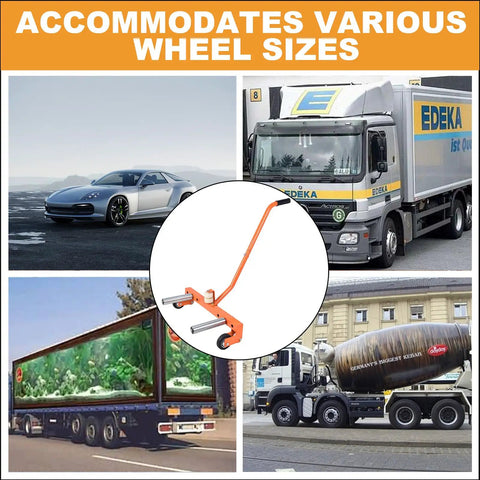 Heavy Duty Truck Wheel Dolly Featuring Rock Solid Greaseless Bearings And Fully Adjustable Height Platform To Roll Massive Tires Smoothly Without The Hustle on display with various trucks and cars.