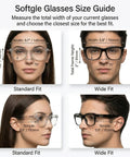 Softgle Glasses Size Guide showing sizes and measurements for Heavy Duty Photochromic Safety Glasses With ANSI Z87 Approval.