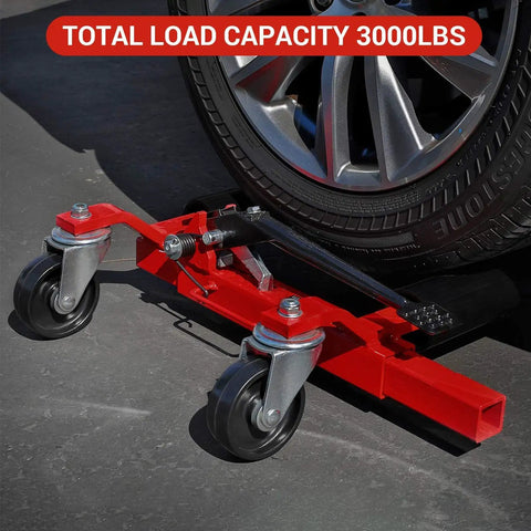 Set Of Two Heavy Duty Hydraulic Wheel Dollies With Foot Pump Lift And Six Thousand Pound Capacity For Smooth Rolling Tire Skates showing red dolly under tire.