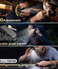 Kickass HandsFree Rechargeable Led Glasses Headlamp featuring Motion Sensor and Tap Touch Switch IPX4, 90 degree adjustment, double push switch, and intelligent wave induction.