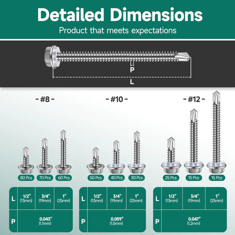 Detailed dimensions of 385 Pcs Baddest Self-Tapping Screws Hex Head Size 8 10 12 410 Stainless Steel fasteners for metal and wood.