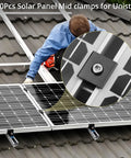 Rock Solid 10 Pack Solar Panel Mid Clamps For Unistrut Rail Tracks 40Mm Aluminum Hardware in use on rooftop installation.