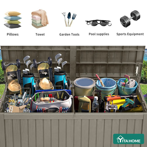 Open Massive 220 Gallon Outdoor Storage Deck Box With Divider Waterproof Lockable Resin Built Wood Look Brown filled with gear