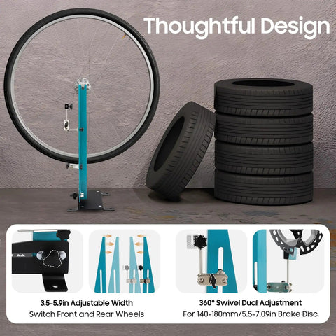 Pro Grade Wheel Truing Stand For Bikes, Heavy Duty High Carbon Steel Repair Stand with adjustable width and swivel adjustment