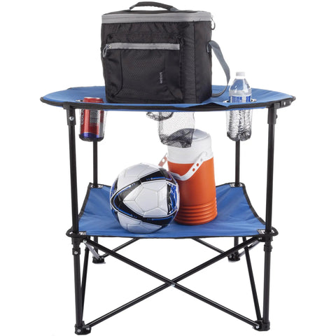 Round Two Tier Folding Camp Table With Four Cupholders And Carrying Bag Perfect For Camping Beach Picnics Tailgating And Outdoor Events Blue