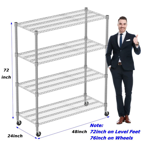 Heavy Duty Metal Shelving 4 Tier Storage Rack With Smooth Rolling Casters For Garage Or Kitchen Adjustable Chrome Wire Rack 24x48x72 inches