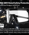 Badass Photochromic Safety Glasses with No Cap Impact Resistance for Cycling and Motorcycle Riding Featuring Rustproof Frames and Lightweight ANSI Z87 Approved Gear That Slaps for Worksite or Outdoor Adventures, close-up view with ANSI Z871 label.