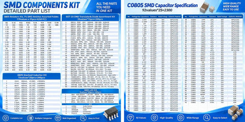 SMD components kit part list showing 0805 resistors, transistors, diodes, capacitors for Badass 7350 Piece 0805 SMD Resistor Capacitor Assortment Kit.
