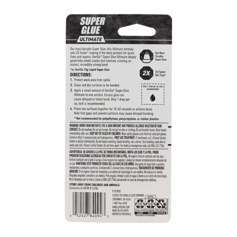 Tough As Nails Super Glue Pack Of Six 15 Grams Tubes clear bonding liquid instructions on back packaging.