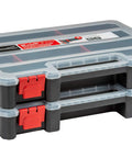 Stacked view of 7 Pack Organizer Set With Removable Dividers And Multi Size Storage Boxes for hardware, visible latches and compartments.
