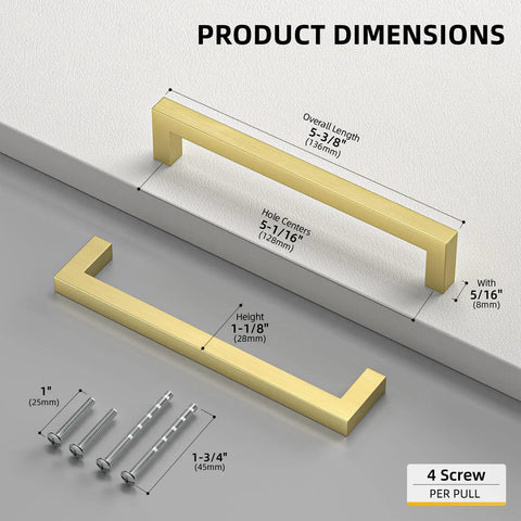 Heftiest 25 Pack of Slick Gold Cabinet Handles Measuring 5 Inch Long Crafted from Heavy Duty Zinc Alloy showing dimensions and screw options.