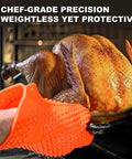 Using heat resistant gloves from 5 In 1 Pro Grade Grill Tools Set With Insulated Meat Resting Blanket to lift roast turkey.