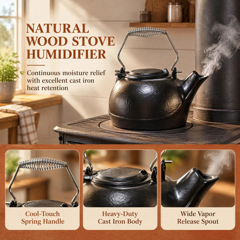 Solid Cast Iron Wood Stove Steamer And 3 Qt Humidifier Kettle with chrome handle releasing gentle steam on a wood stove.