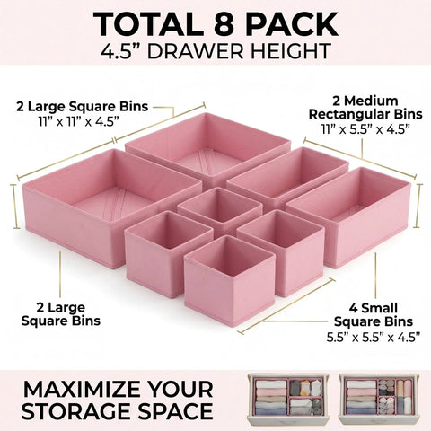 8 Pack Fabric Drawer Organizer Bins in sleek black with various sizes for decluttering clothing and gear.