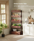 Vertical Wooden Five Tier Garden Bed With Five Planter Boxes Freestanding Plant Stand For Herbs Flowers Vegetables And Succulents Perfect For Small Spaces On Balconies Patios Or Indoors A Space Saver Carbonized Wood Finish For Outdoor Or Indoor Use in a kitchen setting holding produce and spices