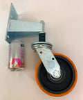 Heavy Duty 6X2 Inch Gate Caster With Spring Suspension And Full 360 Degree Swivel Wheel Handles 880 Pounds with mounting plate and can for scale.