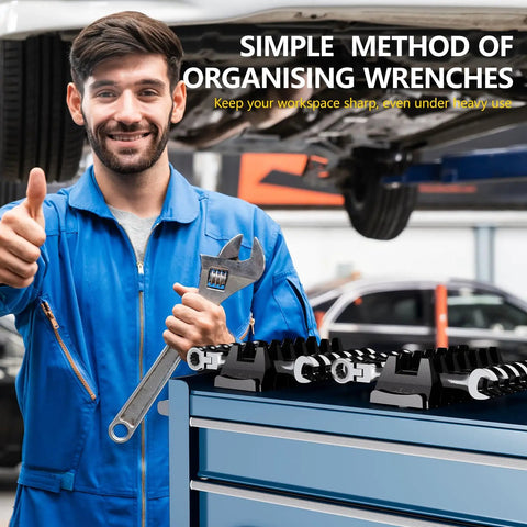 Mechanic using Magnetic Modular Wrench Organizer Set with Wrench Holder on a blue drawer rack