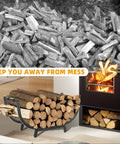 30-Inch Curved Firewood Rack, Heavy-Duty Steel Log Holder in front of fireplace, compared to scattered firewood pile