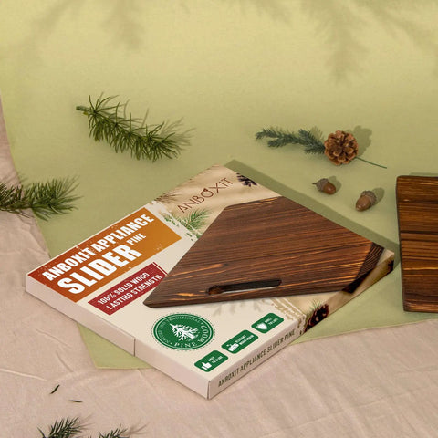 Heavy Duty Pine Wood Appliance Slider Smooth Glide Tray For Coffee Maker And Air Fryer on a green background with pine decor.