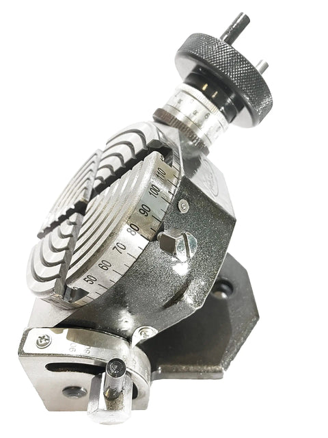 Side view of 4 Inch Tilting Rotary Table For Milling Machines with 80mm 4 Jaw Independent Chuck Back Plate And T Nuts 360 Degree