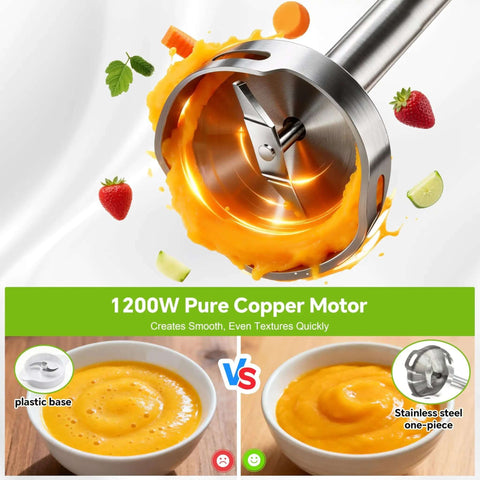 Kitchen Beast 1200W Handheld Immersion Blender Kit With Five Must Have Attachments For Quick Soup Blending Smoothie Creation And Baby Food Preparation Featuring No Sweat Speed Control showing stainless steel blending blade and soups.