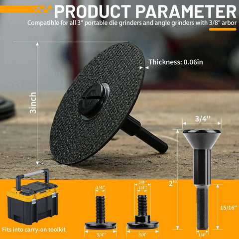 Five Piece Three Inch Cut Off Wheel Set With Quarter Inch Shaft Mandrel for die grinders and rotary tools, shown with dimensions.