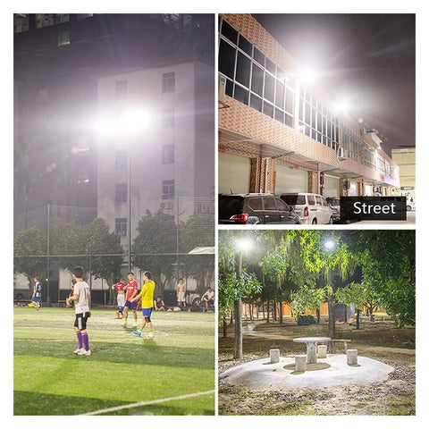 Top Notch Solar Flood Light With Wireless Remote And Visible Battery Display IP67 Waterproof Outdoor Security Lighting For Yard Barn Fence No Fuss Installation Super Bright Output illuminating a soccer field, street, and park at night.