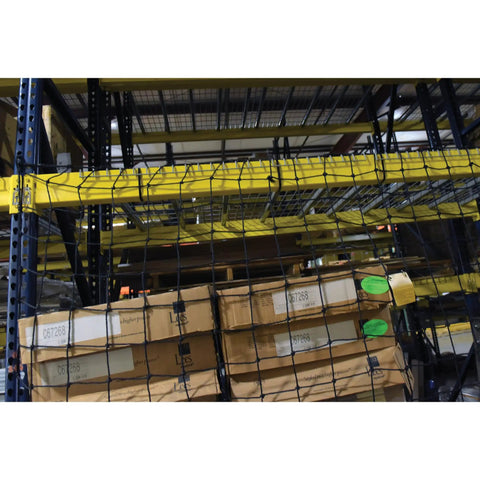 Heavy Duty Drop Proof Pallet Rack Safety Netting Set Of Two 99 By 96 Inch Nylon Mesh securing boxes on warehouse pallet rack.