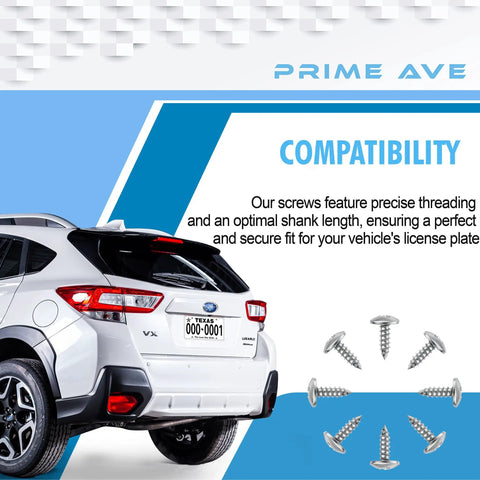 Stainless Steel License Plate Screws Set Eight Pack For Front And Rear Plates Rattle Proof And Rustproof Hardware For Cars Frames And Covers Car Tag Screws That Keep Plates Tight Subaru Compatible displayed next to a Subaru.
