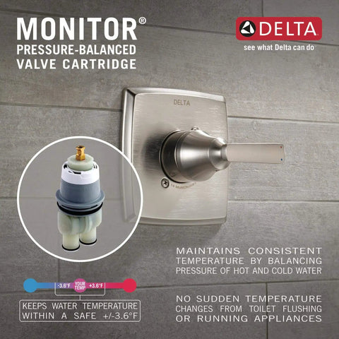 Trinsic 14 Series Chrome Shower Trim Kit, Single Function, Trim Only with Delta pressure-balanced valve displayed on wall.