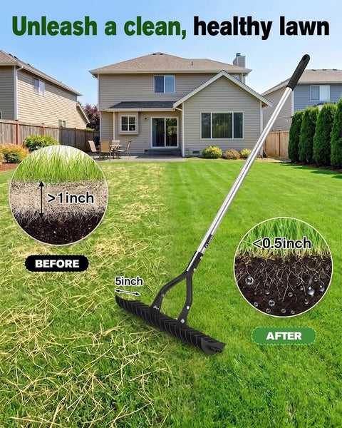 15 Inch Heavy Duty Dethatching Rake With Adjustable Long Handle Metal Turf Rake for Grass and Lawn Cleanup in use on lawn