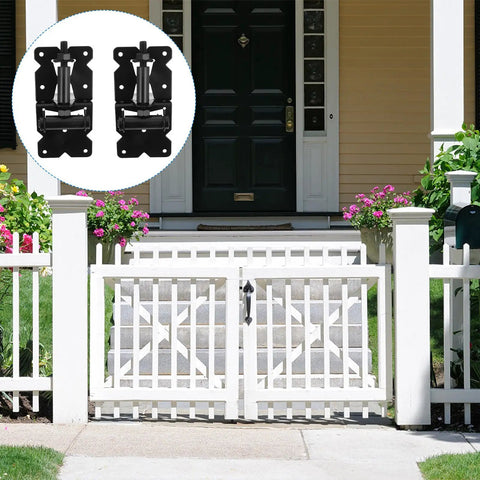 Two Pack Heavy Duty Gate Hinges Built Tough Rock Solid Heavy Lifters With Rust Resistant Stainless Steel For Barn Doors Fence Gates Sliding Gates Smooth As Butter Operation displayed with a white fence and front door.