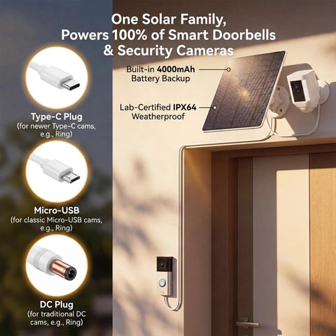 Hella Reliable 3W Solar Panel With 4000mAh Battery, 5V Solar Charger For Security Cameras mounted above entrance door.