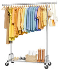 Heavy Duty Metal Clothes Rack With Sure Grip Lockable Wheels, Extendable Rod To Max Out Your Storage, Holds Every Fit You Own, Sleek Silver Design Keeps Small Bedrooms Or Entryways Clutter Free with colorful garments and shoes.