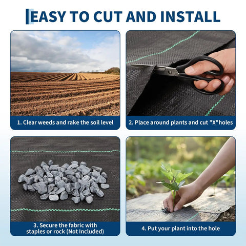 Steps to install Heavy Duty Weed Barrier Landscape Fabric For Garden Beds And Landscaping, Woven Polypropylene Ground Cover Geotextile