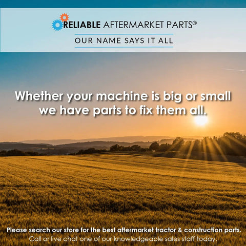 Sunset over fields with text promoting Reliable Aftermarket Parts for machine repairs in varied sizes.