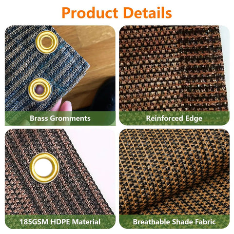 Close-up of 90 Percent UV Blocking Sun Shade Cloth 10x30 Ft showing brass grommets, reinforced edge, mocha HDPE material, breathable fabric.