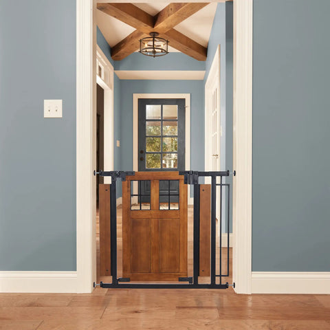 Farmhouse Style Barn Door Walk Thru Baby Gate With Dual Swing Stylish Auto Close 30 Inch Tall Fits 29 To 43 Inch Openings Wood And Black Finish Whisper Quiet Hinges Safe Stair Stop For Modern Homes