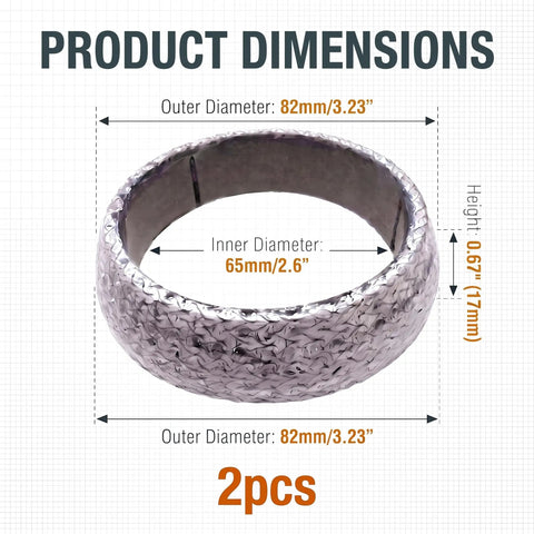 Two Piece 65 mm Exhaust Flange Gasket Rock Solid Donut Seal premium graphite dimensions image showing 65mm inner diameter.